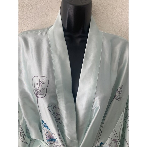 WORLD MARKET Aqua Botanical & Butterfly Satin Kimono Robe/Cover Up/belt OSFM - Picture 3 of 10